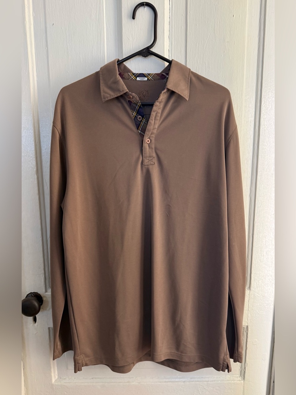 Bugatchi Uomo Men's Long Sleeve Polo Shirt Brown Plaid Trim Contrast - Size L